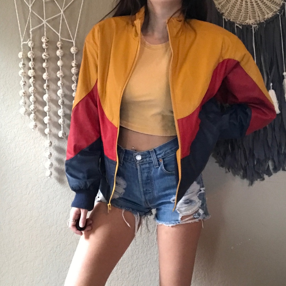 Vintage real leather color block bomber jacket - Picture 7 of 8